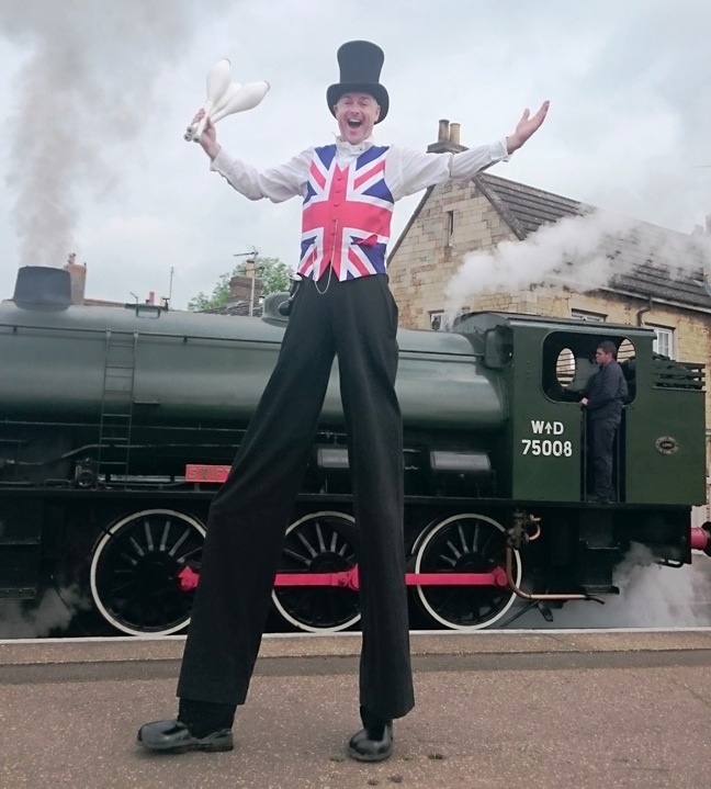 british themed stilt walker
