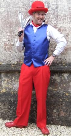 juggler, red, white & blue costume